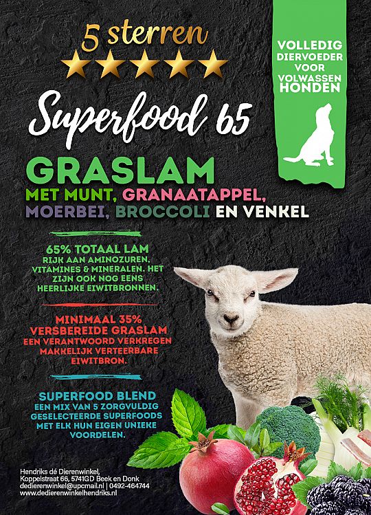 5 sterren Superfood 65 Gras-lam brokjes voor de volwassen hond 12 kilo